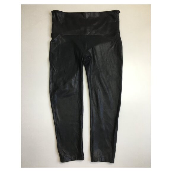 SPANX Black Textured Coated Shaping Slimming Pull On Cropped/Ankle Leggings - Picture 1 of 13